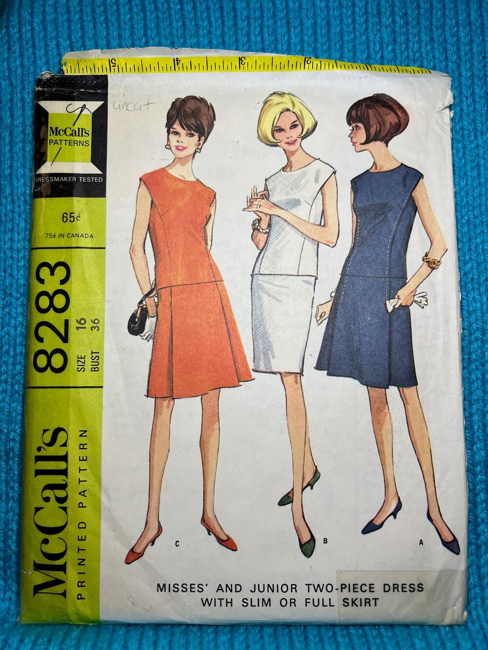 McCalls 8283 Sewing pattern 2 piece dress blouse Skirt A line 1960s mod Size 16